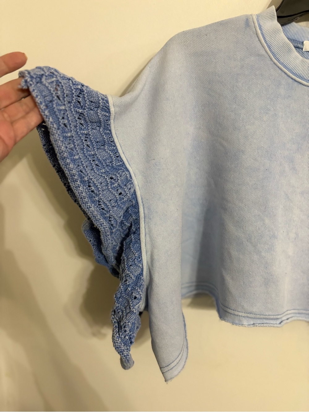Altar'd State Light Blue Cropped Sweatshirt with Crochet Sleeve Accents LARGE - Picture 3 of 7